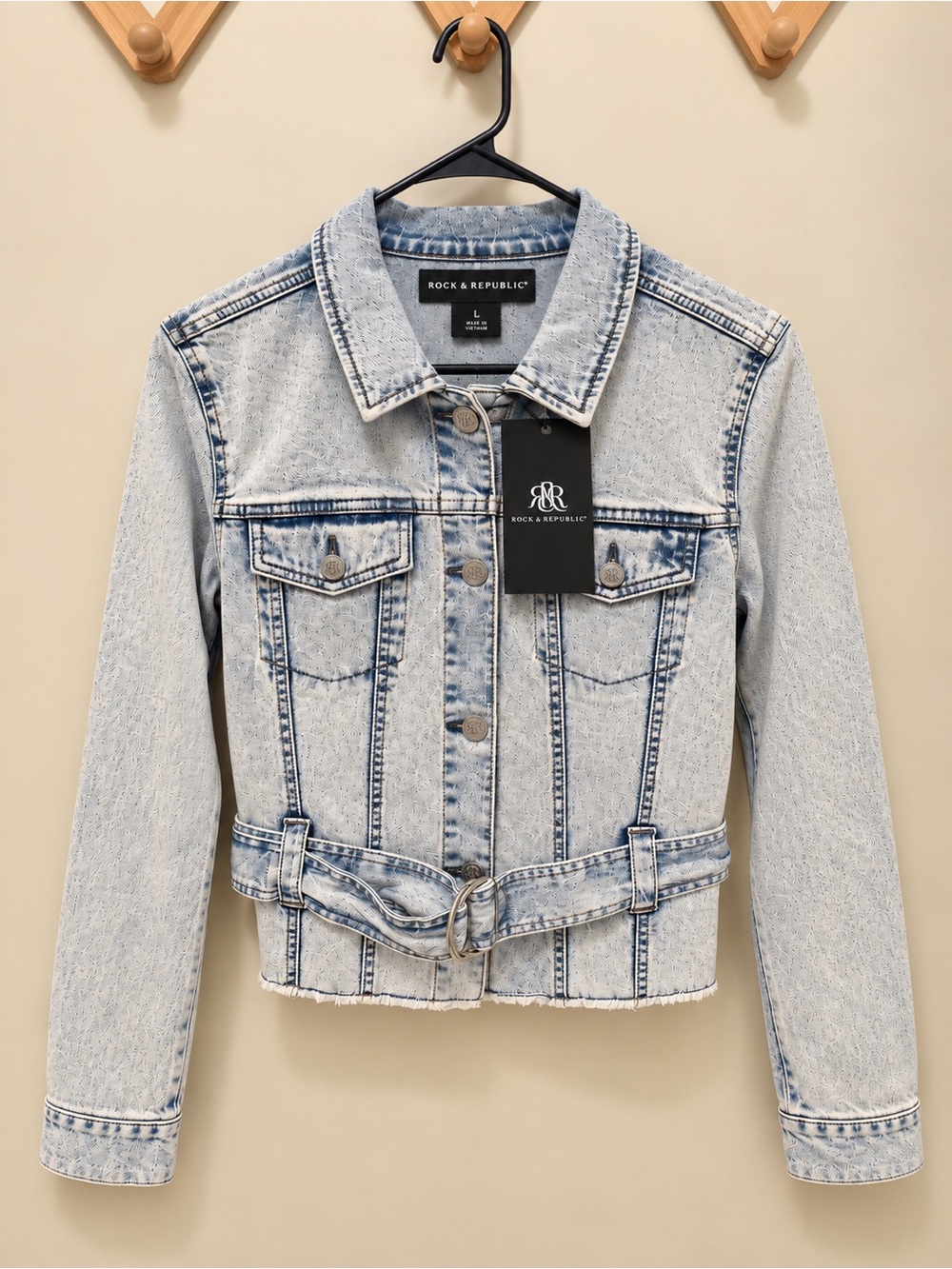 Rock & Republic Acid Wash Denim Belted Jacket Size L NWT